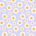 70Ã¢â¬â¢s cute seamless smiley face daisy pattern with flowers. Floral hippie funky vector background. Royalty Free Stock Photo